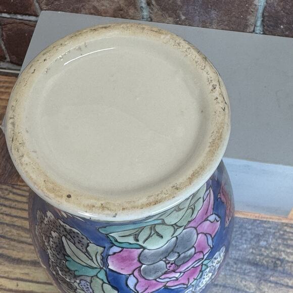 Vintage Chinoiserie Asian Floral Bouquet Blue Watercolor Floral Vase Gold Detail - Picture 6 of 6